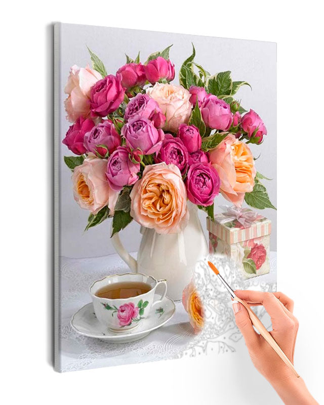 Paint By Numbers - Bouquet Of Flowers In A White Vase Next To A Teacup And A Gift Box - Framed- 40x50cm - Arterium 