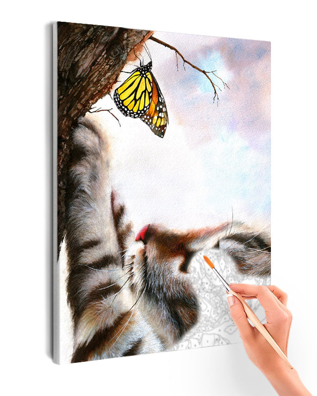 Paint By Numbers - Tranquil Garden Encounter: Kitten And Butterfly In Playful Harmony - Framed- 40x50cm - Arterium 
