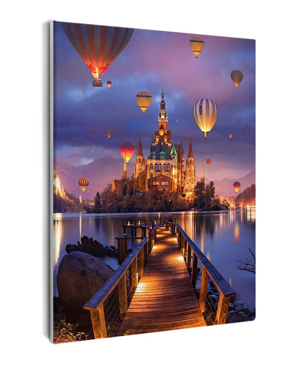 Paint By Numbers - Enchanting Night: Bridge, Castle, And Hot Air Balloons - Framed- 40x50cm - Arterium 