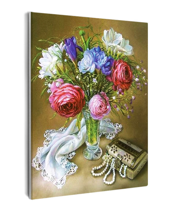 Paint By Numbers - Bouquet Of Flowers In A Glass Vase Next To A Phone - Framed- 40x50cm - Arterium 