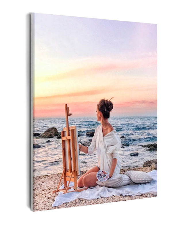 Paint By Numbers - Tranquil Sunset Beach Painting: Woman Captures Serene Seascape - Framed- 40x50cm - Arterium 