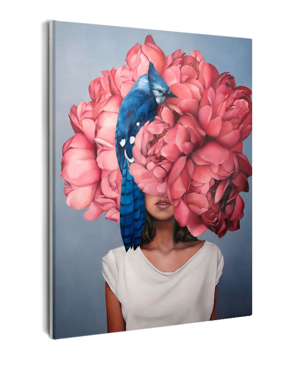 Paint By Numbers - Surreal Art: Whimsical Woman With Pink Flower & Blue Bird - Framed- 40x50cm - Arterium 