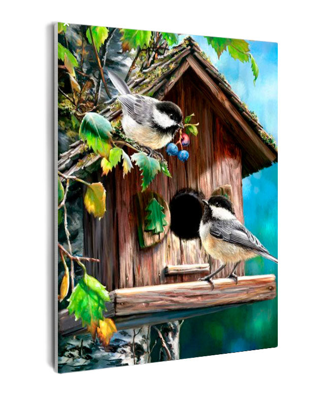Paint By Numbers - Tranquil Nature Scene: Black-Capped Chickadees On Wooden Birdhouse - Framed- 40x50cm - Arterium 