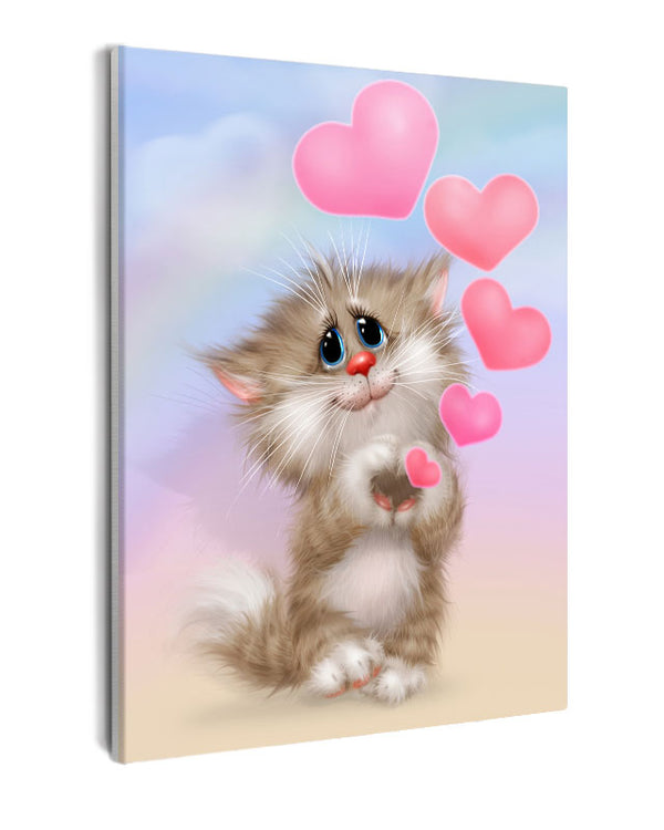 Paint By Numbers - Cartoon Kitten Holding Heart In Vibrant Pink And Blue Gradient Background - Framed- 40x50cm - Arterium 