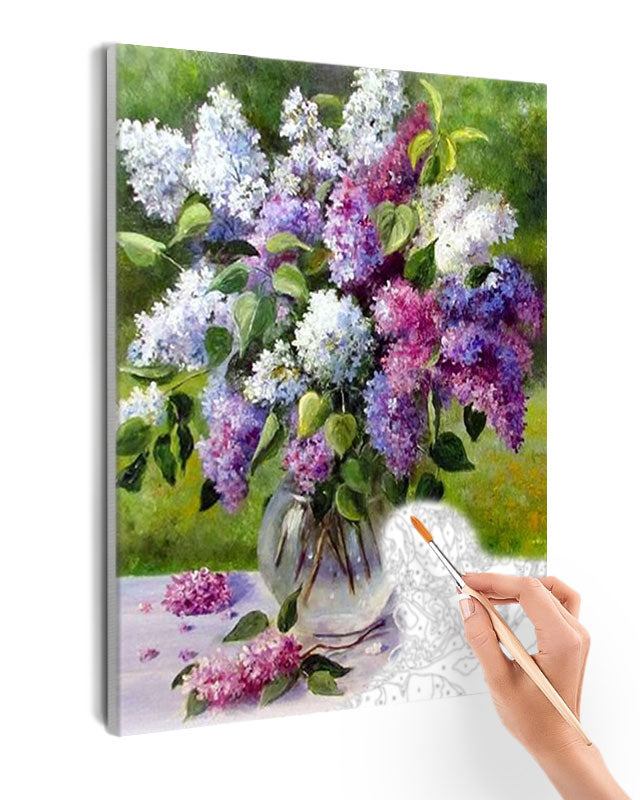 Paint By Numbers - Painting Of A Bouquet Of Purple And White Flowers In A Glass Vase - Framed- 40x50cm - Arterium 