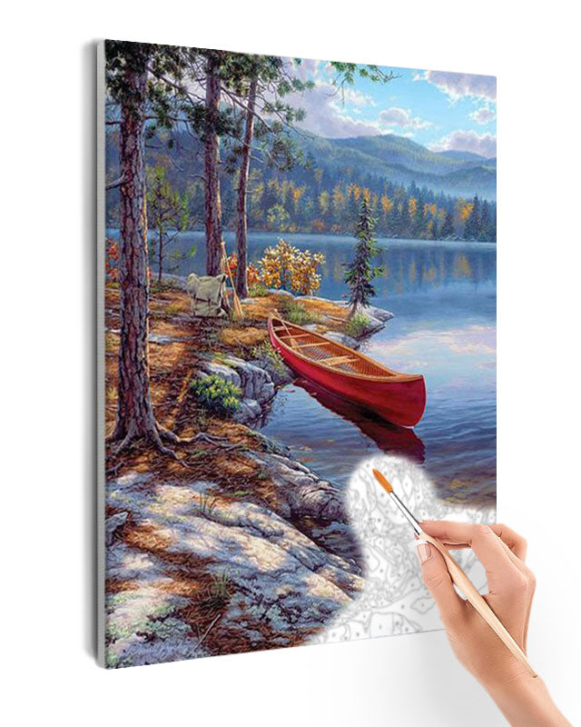 Paint By Numbers - Red Canoe On A Lake - Framed- 40x50cm - Arterium 