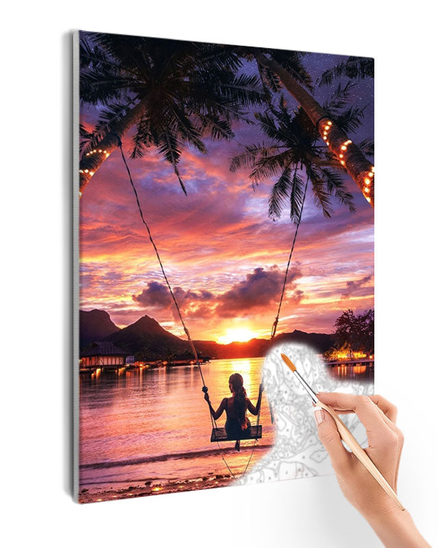 Paint By Numbers - Tranquil Sunset Beach Scene With Silhouetted Swing - Framed- 40x50cm - Arterium 
