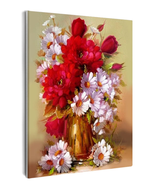 Paint By Numbers - Floral Splendor: Exquisite Depiction Of Roses And Daisies In A Gold Vase - Framed- 40x50cm - Arterium 