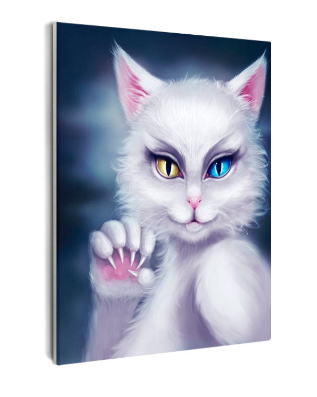 Paint By Numbers - White Cat With Heterochromia And Pouncing Paw On Dark Background - Framed- 40x50cm - Arterium 