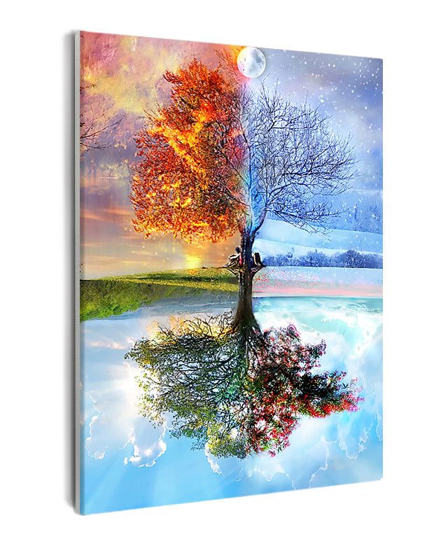 Paint By Numbers - Seasonal Reflections: A Mirrored Composition Of A Lone Tree Transitioning Through The Four Seasons - Framed- 40x50cm - Arterium 
