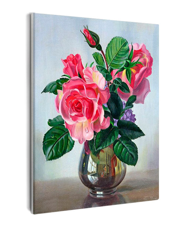 Paint By Numbers - Still Life: Silver Vase With Pink Roses On Table - Framed- 40x50cm - Arterium 