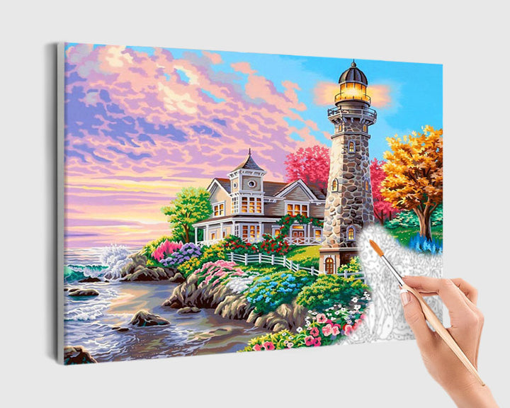 Paint By Numbers - House With A Lighthouse And Flowers - Framed- 40x50cm - Arterium 