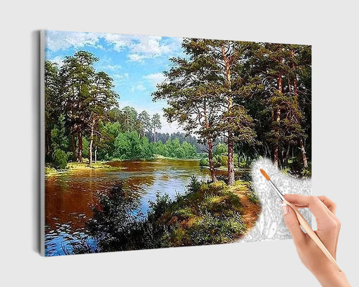Paint By Numbers - Lake Surrounded By Trees - Framed- 40x50cm - Arterium 