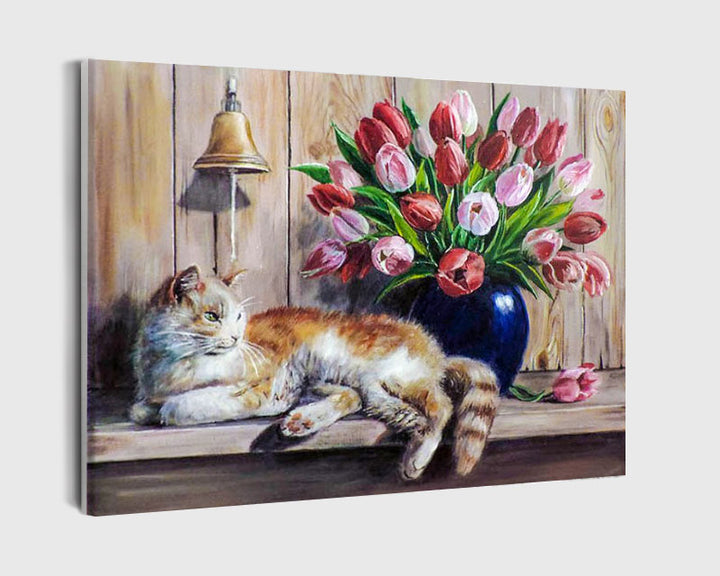 Paint By Numbers - Peaceful Setting With Tulips, Sleeping Cat, And Bell - Framed- 40x50cm - Arterium 