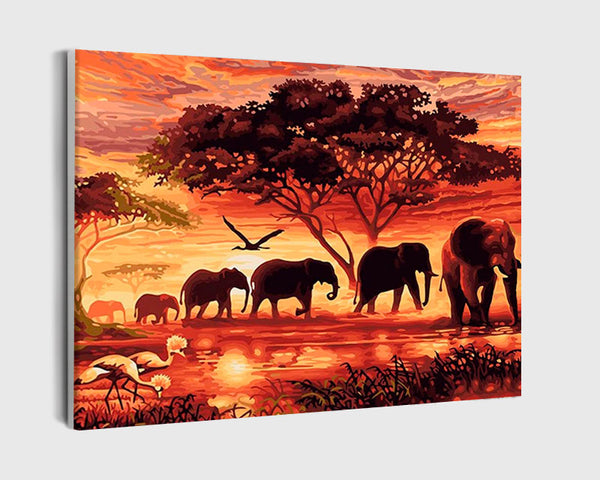 Paint By Numbers - Harmonious Elephant Parade In A Serene Field - Framed- 40x50cm - Arterium 
