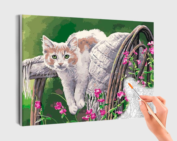 Paint By Numbers - Tranquil Outdoor Scene: Adorable Kitten On Wooden Chair - Framed- 40x50cm - Arterium 