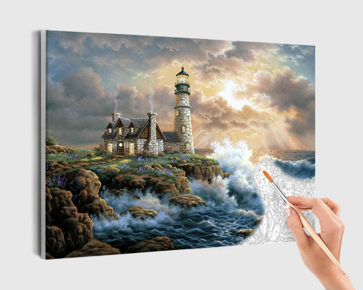 Paint By Numbers - Lighthouse On A Cliff With Waves Crashing On It - Framed- 40x50cm - Arterium 