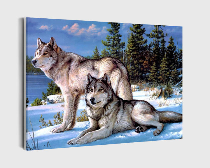 Paint By Numbers - Wolves In Snowy Serenity: A Captivating Arctic Encounter - Framed- 40x50cm - Arterium 