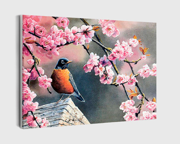 Paint By Numbers - Tranquil Nature: Bird Perched Amidst Vibrant Cherry Blossoms - Framed- 40x50cm - Arterium 