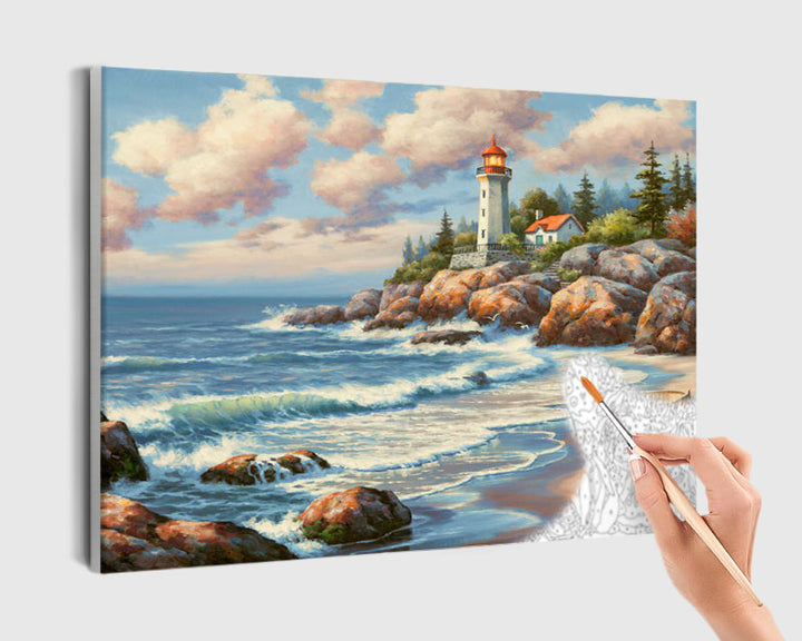 Paint By Numbers - Painting Of A Lighthouse On A Rocky Beach - Framed- 40x50cm - Arterium 
