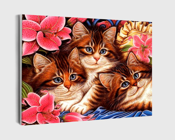 Paint By Numbers - Three Brown Cats Among Pink Flowers - Framed- 40x50cm - Arterium 