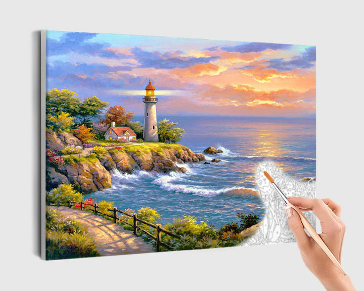 Paint By Numbers - Lighthouse On A Cliff By The Ocean - Framed- 40x50cm - Arterium 