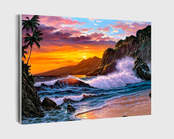 Paint By Numbers - Radiant Sunset Beach: Captivating Wave And Palm Trees - Framed- 40x50cm - Arterium 