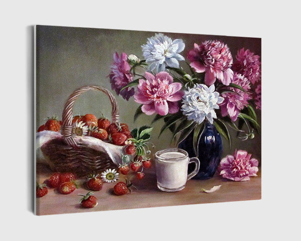 Paint By Numbers - Painting Of Flowers And A Basket Of Strawberries - Framed- 40x50cm - Arterium 