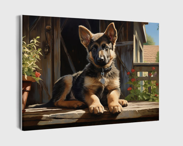 Paint By Numbers - Serene German Shepherd Puppy On Sunny Porch: Idyllic Charm - Framed- 40x50cm - Arterium 