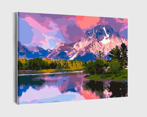 Paint By Numbers - Tranquil Sunset: Majestic Mountain Range Reflected In Calm Lake - Framed- 40x50cm - Arterium 