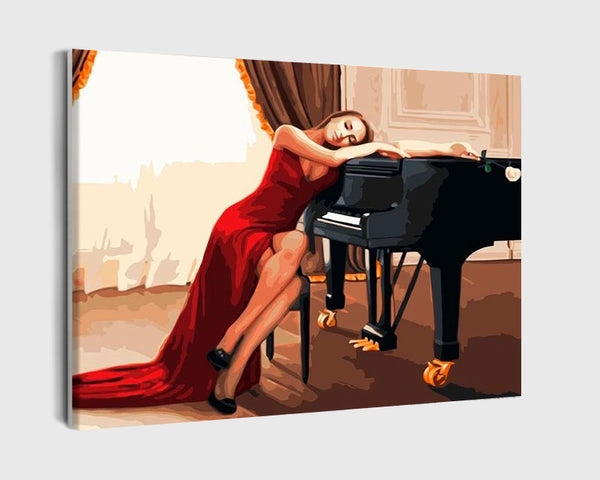 Paint By Numbers - Romantic Elegance: Woman In Red Dress Leaning On Black Grand Piano - Framed- 40x50cm - Arterium 
