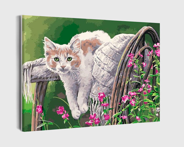 Paint By Numbers - Tranquil Outdoor Scene: Adorable Kitten On Wooden Chair - Framed- 40x50cm - Arterium 