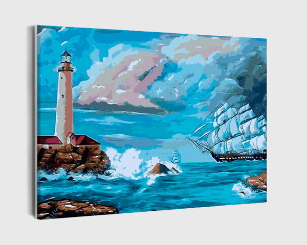 Paint By Numbers - Maritime Majesty: Three-masted Ship Battling Stormy Seas Towards Lighthouse - Framed- 40x50cm - Arterium 