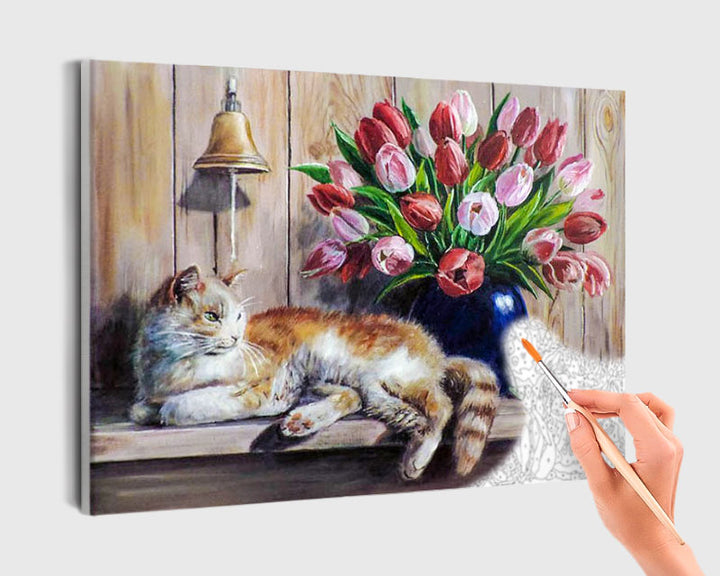 Paint By Numbers - Peaceful Setting With Tulips, Sleeping Cat, And Bell - Framed- 40x50cm - Arterium 
