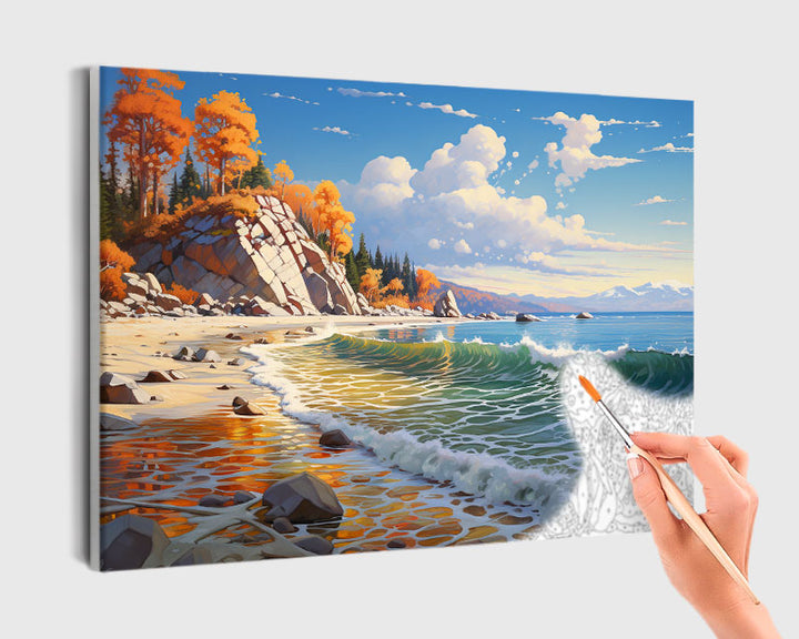 Paint By Numbers - Tranquil Beach Scene: A Painting-Like Depiction Of Autumnal Beauty - Framed- 40x50cm - Arterium 