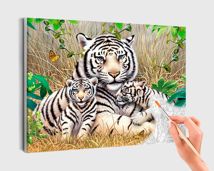 Paint By Numbers - White Tiger With Little Baby Tigers - Framed- 40x50cm - Arterium 