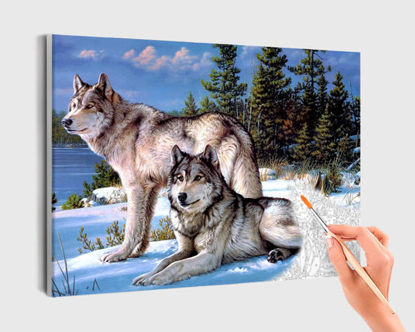 Paint By Numbers - Wolves In Snowy Serenity: A Captivating Arctic Encounter - Framed- 40x50cm - Arterium 