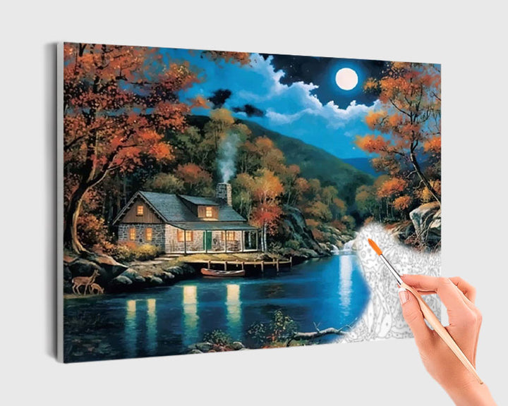 Paint By Numbers - Enchanting Moonlit Waterscape: Serene Night Scene With Vibrant House, Boat, And Reflections - Framed- 40x50cm - Arterium 