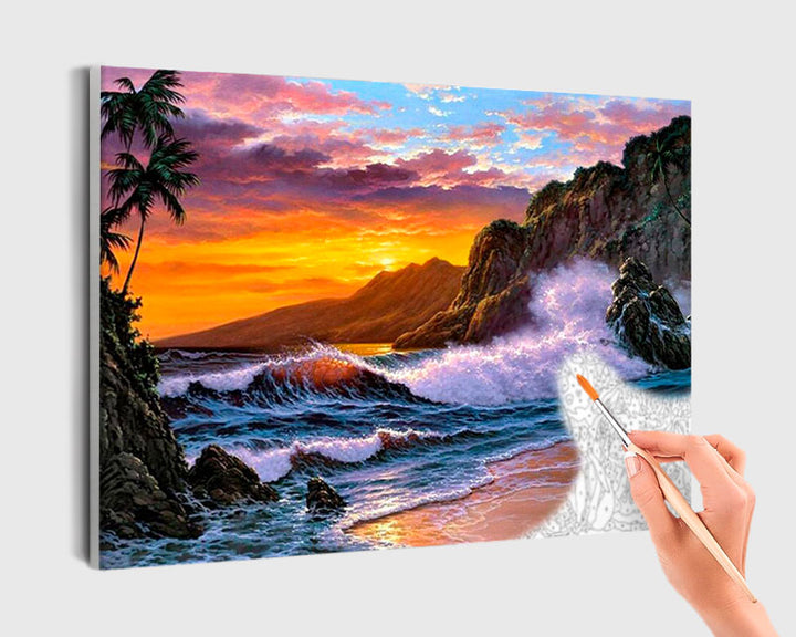Paint By Numbers - Radiant Sunset Beach: Captivating Wave And Palm Trees - Framed- 40x50cm - Arterium 