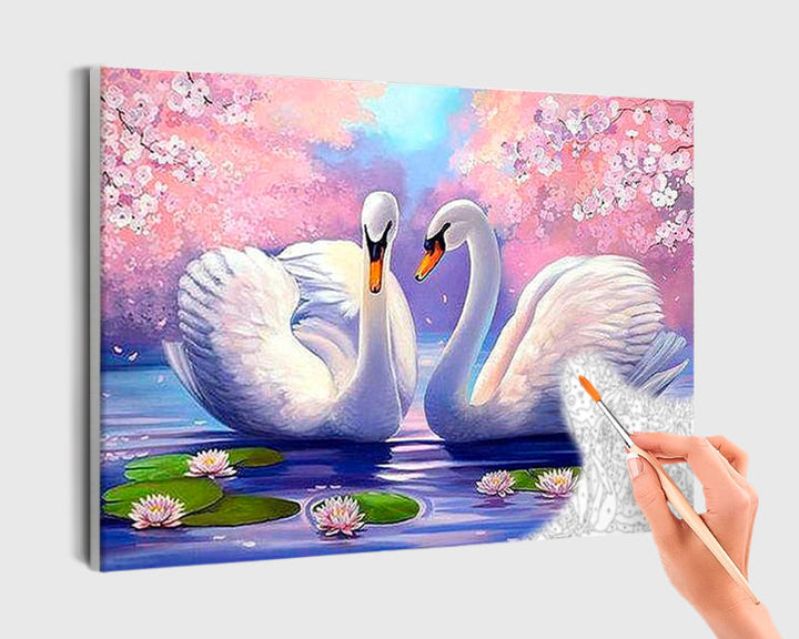 Paint By Numbers - Two Swans With A Pink Background - Framed- 40x50cm - Arterium 