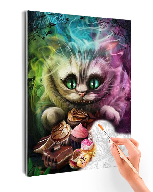 Paint By Numbers - Whimsical Cheshire Cat Surrounded By Sweet Treats In Dreamy Image - Framed- 40x50cm - Arterium 