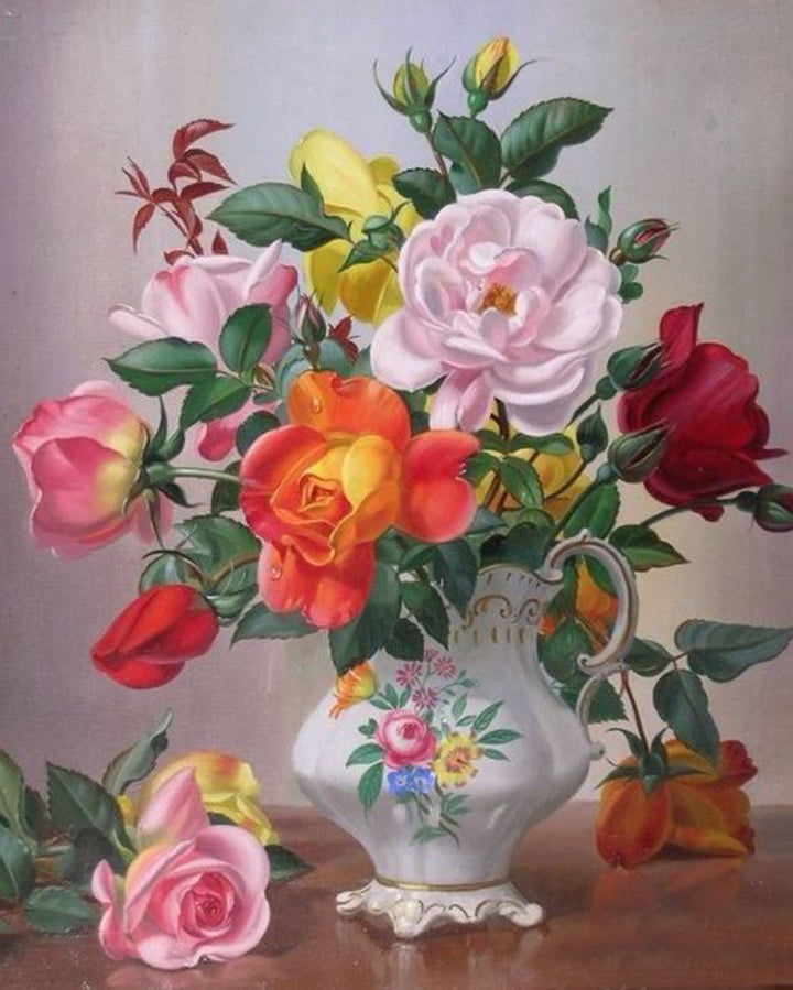 Paint By Numbers - Colourful Floral Still Life: White Vase With Scalloped Base - Framed- 40x50cm - Arterium 